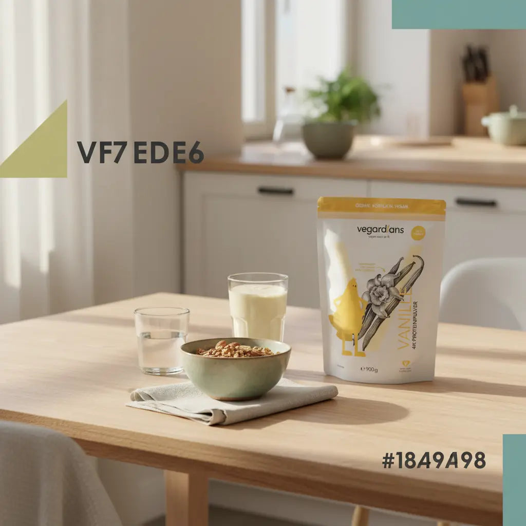 vegane Almased Alternative: minimalistisches Frühstück mit cremigem veganem Vanille‑Shake, Müsli, Nüssen und Wasserglas auf nachhaltigem Holztisch im sanften Morgenlicht