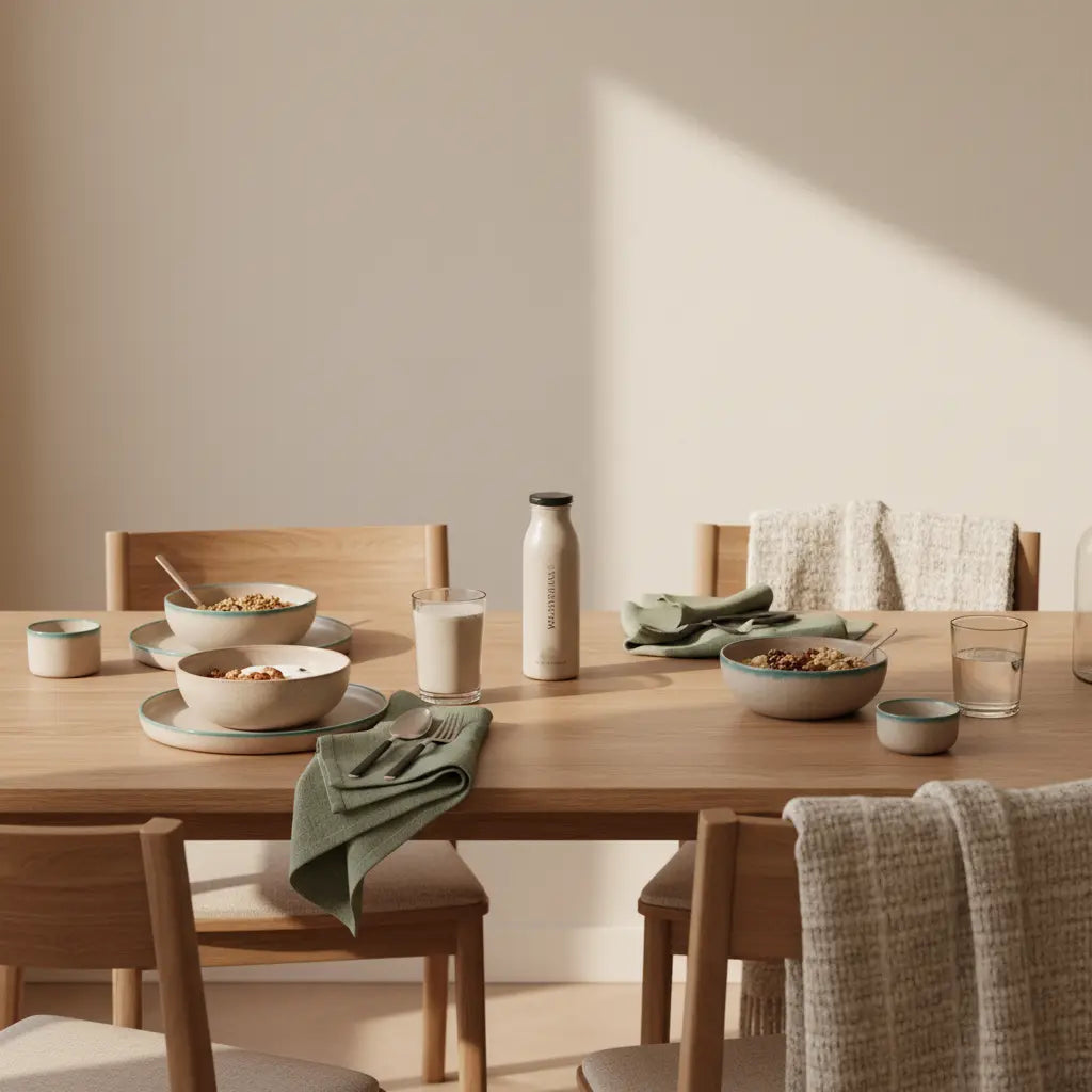 Veganes Frühstück mit Granola, Sojajoghurt, Nüssen und Shake in europäischer Küche – vegane eiweißquellen bodybuilding, ruhige beige‑salbeigrüne Markenästhetik