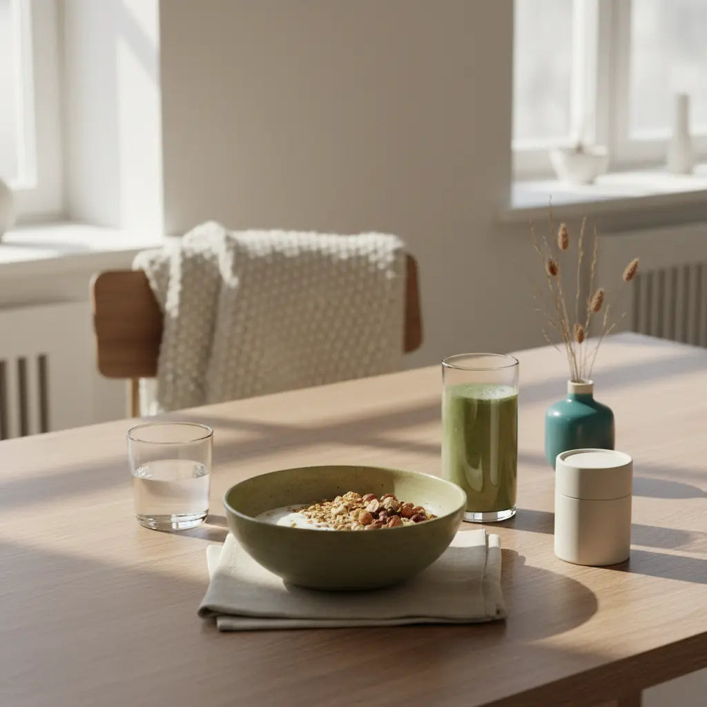 Minimalistisches Frühstück mit Granola, Joghurt, Nüssen und Shake in einer europäischen Küche, dezentes Produkt aus Referenzfotos — vegane eiweißquellen im Fokus.