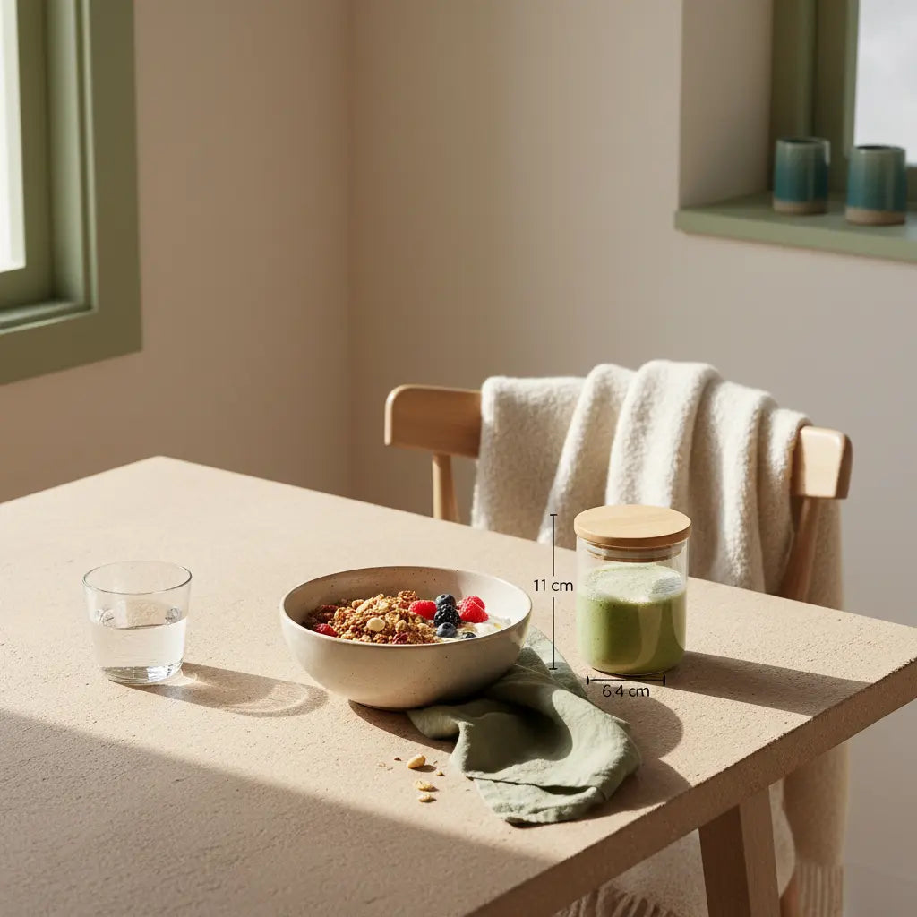 Minimalistische europäische Küchenszene mit veganem Frühstück (Granola, pflanzlicher Joghurt, Nüsse, Shake) auf nachhaltigem Tisch im Vegardians-Stil – vegane Ernährung Krankheiten