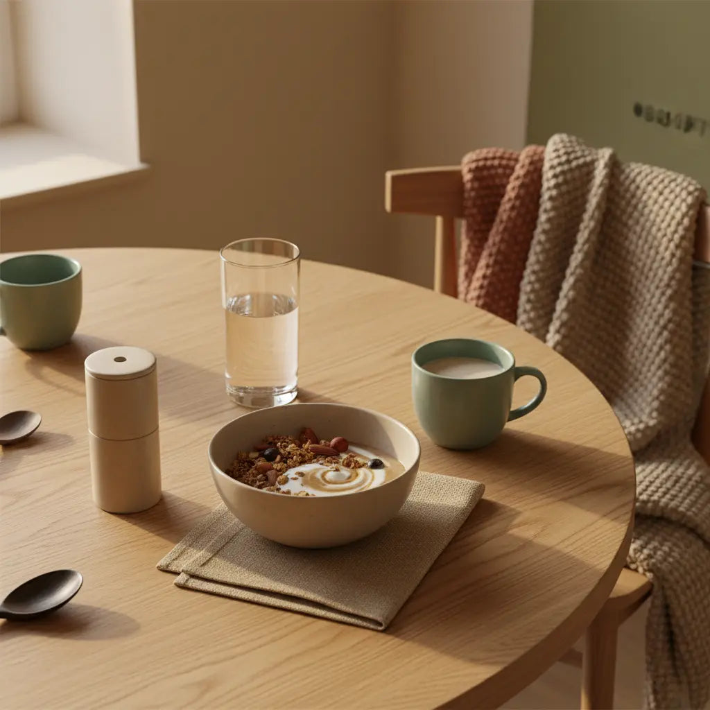 Minimalistisches Frühstück in europäischer Küche mit Granola, pflanzlichem Joghurt, Nüssen und Shake auf Holztisch in ruhiger Farbpalette – vegane Ernährung gesund