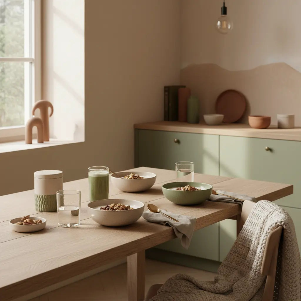 Minimalistisches Frühstück mit Granola, pflanzlichem Shake, Keramikschalen und Wolltextilien in einer europäischen Küche — vegane Ernährung nachhaltig, beruhigend und nährend.