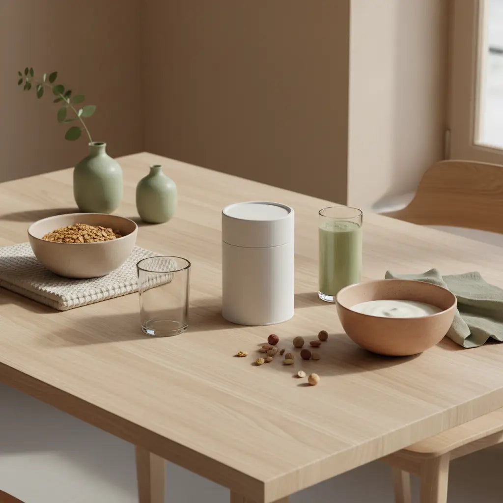 vegane lebensmittel liste: ruhiges Frühstück mit Granola, pflanzlichem Joghurt, Nüssen und einem Shake auf nachhaltigem Tisch in beige-sage-terrakotta Palette