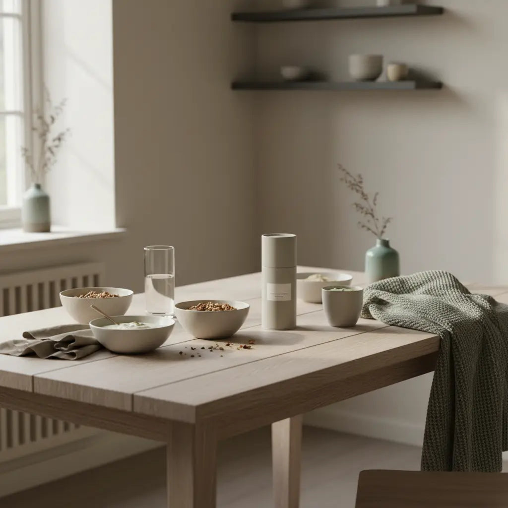 Europäischer Frühstückstisch mit Granola, pflanzlichem Joghurt, Nüssen und Shake als vegane Proteinquelle, ruhige erdige Farbtöne