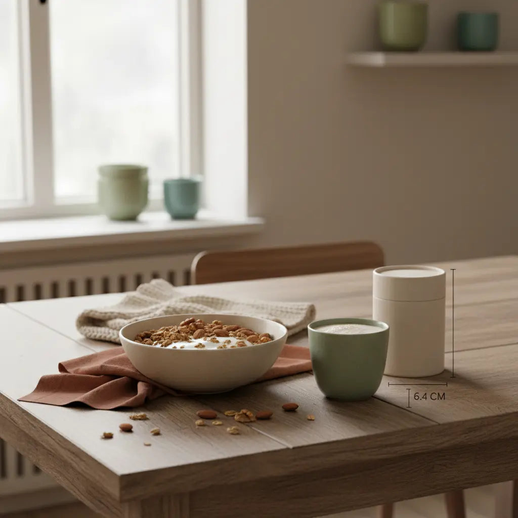 Minimalistisches Frühstück mit Granola, pflanzlichem Joghurt, Nüssen und Proteinshake als vegane proteinquellen in heller, gemütlicher europäischer Küche