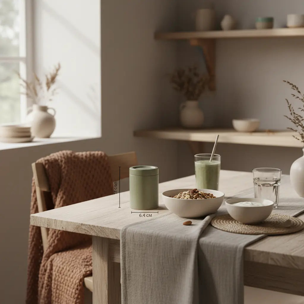 Minimalistisches Frühstück mit Hafergranola, veganem Joghurt, Nüssen und Shake auf einem nachhaltigen Tisch in europäischer Küche bei Morgenlicht, erdige Brand-Farben, vegane proteinquellen