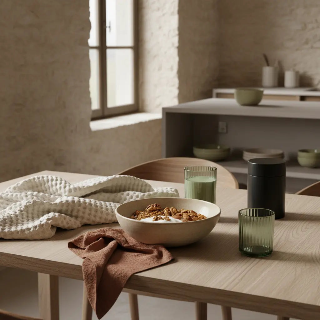 Minimalistisches Frühstück mit Granola, pflanzlichem Joghurt, Nüssen und Shake auf nachhaltigem Tisch in erdigen Farben, vegane Sporternährung im Fokus.