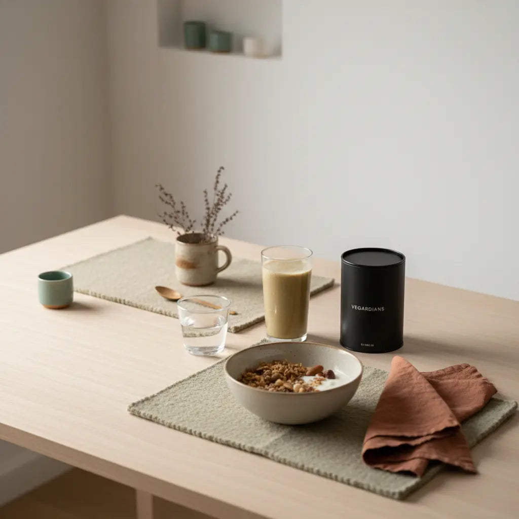 Veganes Frühstück mit Granola, Joghurt, Nüssen und Shake auf nachhaltigem Holztisch in europäischer Küche, warme Morgenstimmung, minimalistisch — vegane Thermomix Rezepte