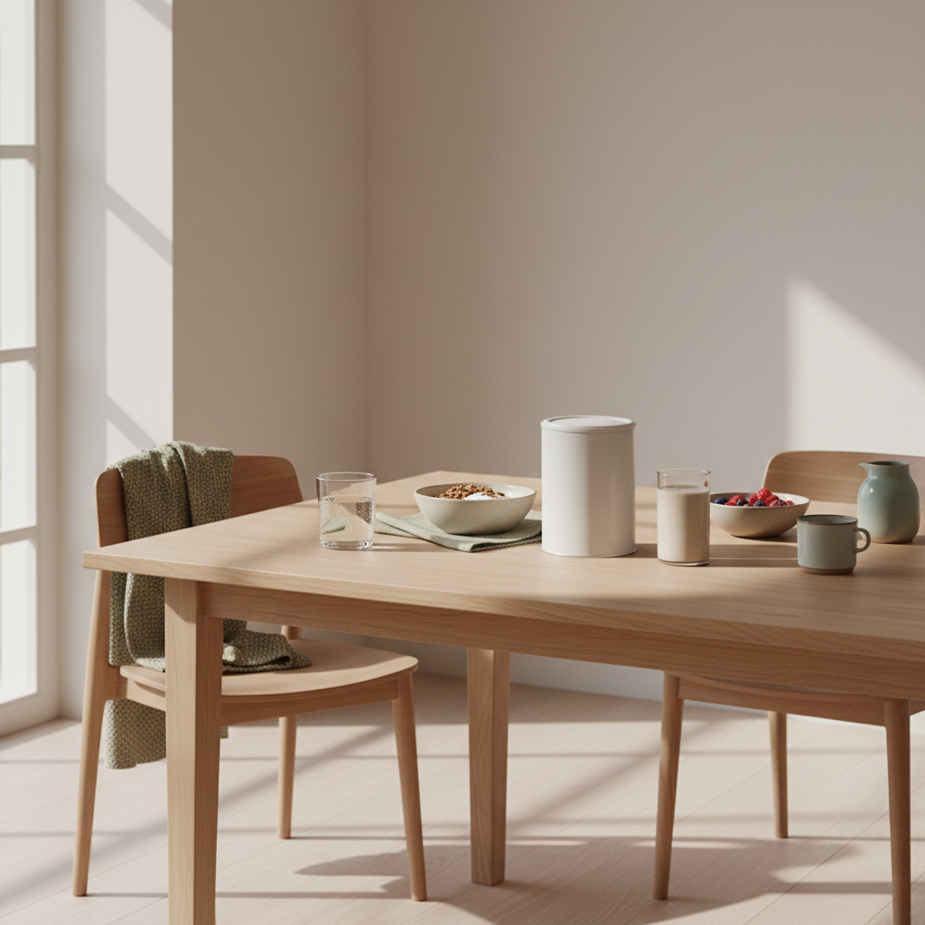 veganer ernährungsplan muskelaufbau – minimalistisches Morgenfrühstück in europäischer Küche mit Granola, pflanzlichem Joghurt, Nüssen und Shake, weiche Woll- und Leinenakzente.