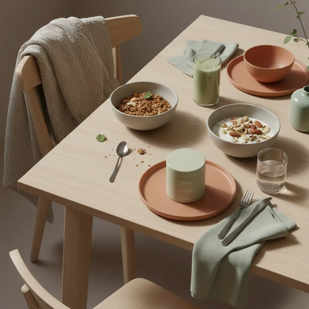 veganer muskelaufbau Frühstück mit Granola, Joghurt, Nüssen und Shake auf minimalistisch gedecktem Tisch in heller, ruhiger europäischer Küche