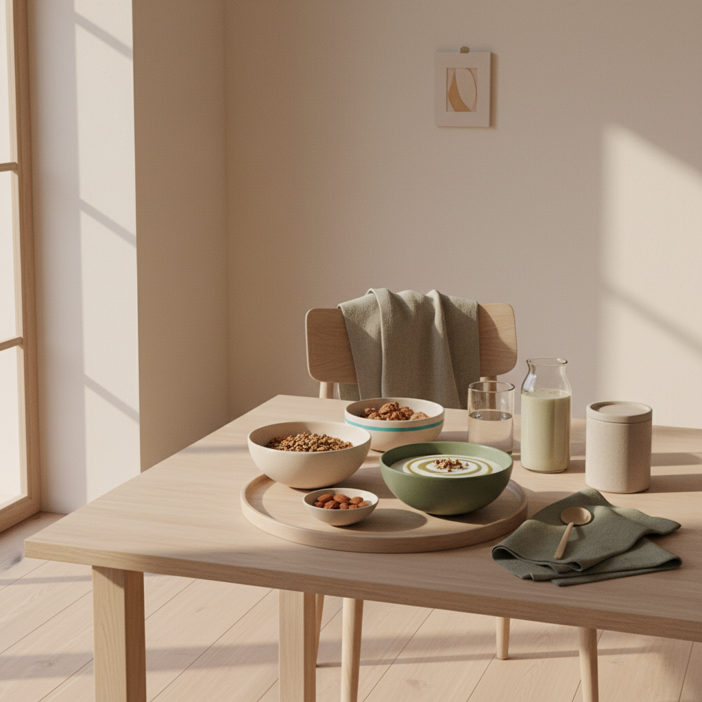 Minimalistisches Frühstück mit Granola, pflanzlichem Joghurt, Nüssen und Shake in nachhaltiger Küche, ruhige Stimmung für veganer muskelnaufbau.