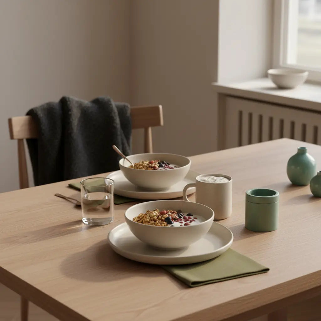 Minimalistisches Frühstück in europäischer Küche mit Granola, pflanzlichem Joghurt, Nüssen und Protein-Shake neben dem Produkt aus Referenzfotos — veganes protein fitness