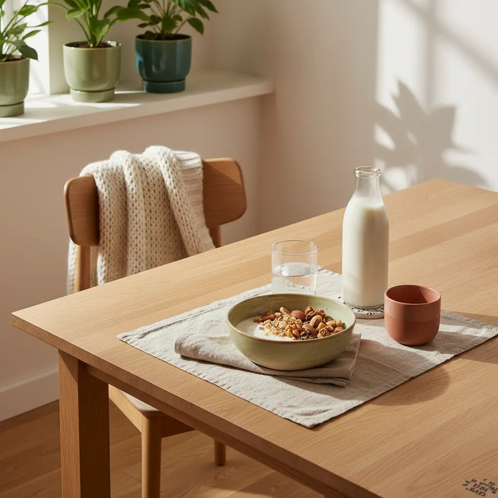 Vegetarier Proteine: Minimalistisches veganes Frühstück mit Granola, Joghurt, Nüssen und Proteinshake auf nachhaltigem Tisch in europäischer Küche