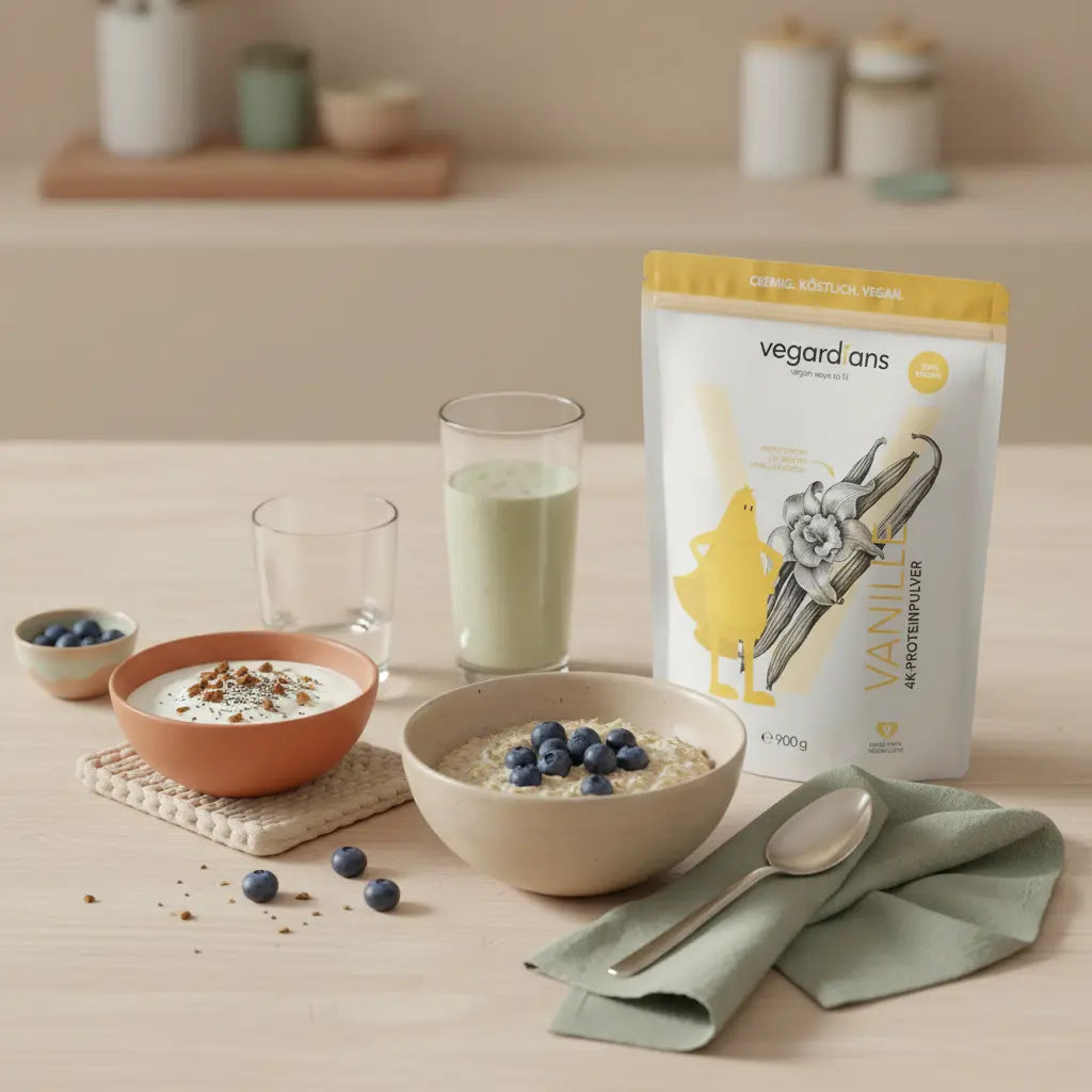 Vegetarisches Frühstück mit Haferbrei, Pflanzenjoghurt, Nüssen und Shake auf nachhaltigem Holztisch im sanften Morgenlicht – vegetarisch abnehmen