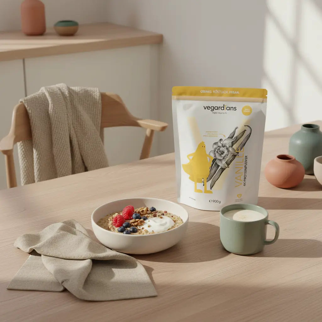 Minimalistisches Frühstück mit Hafer, Nüssen, Beeren und Proteinshake auf Holztisch in ruhigem Morgenlicht – viszerales Fett reduzieren durch pflanzenbasierte Mahlzeit.