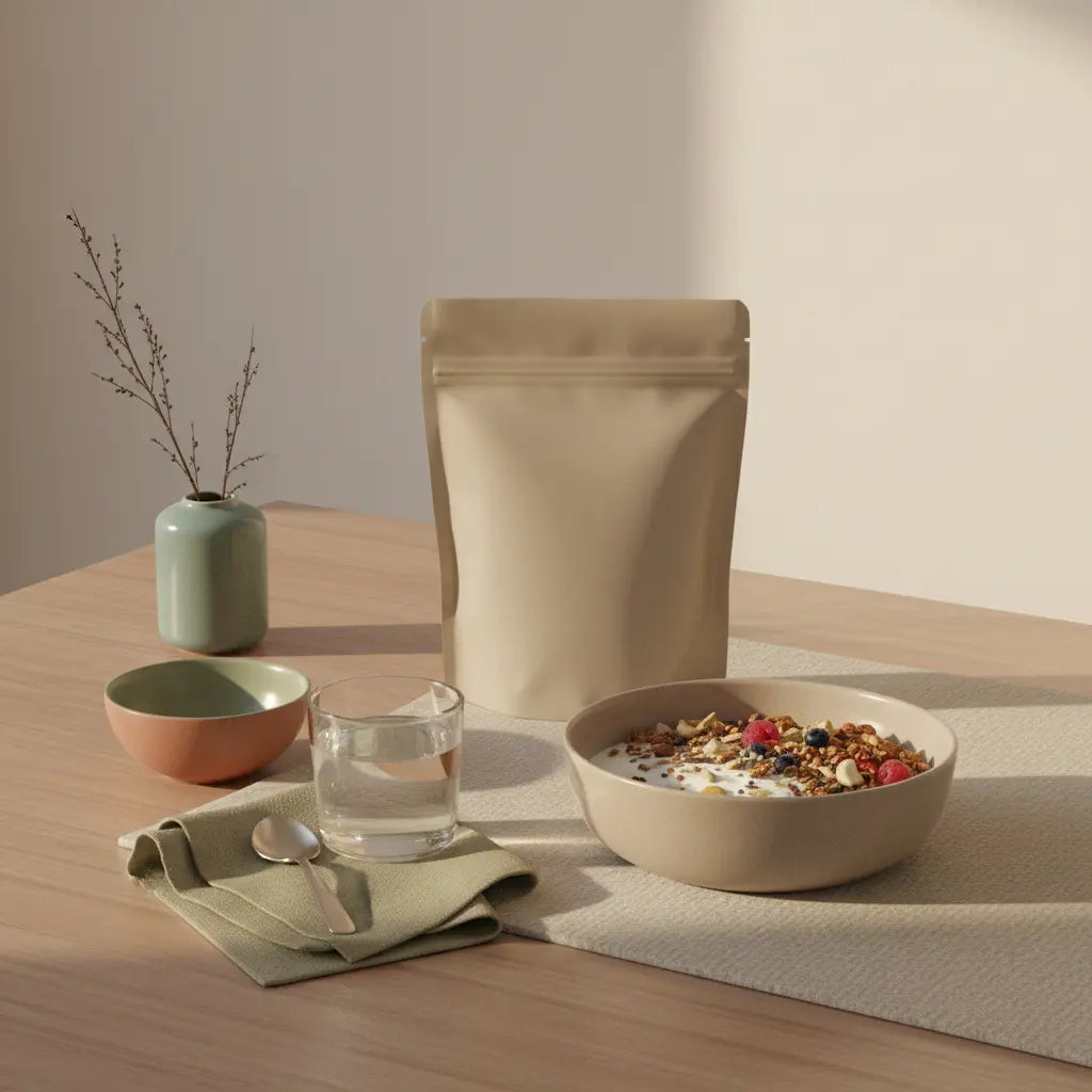 Vitalkost-orientierte Müsli-Schale auf nachhaltigem Holztisch mit Glas Wasser, Leinenserviette und Keramikschalen im sanften Morgenlicht