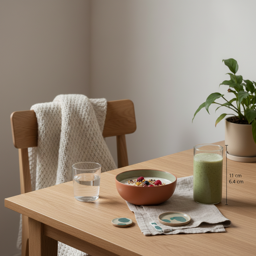 Minimalistisches Frühstück in heller europäischer Küche mit veganem Granola, Joghurt, Nüssen und Shake auf nachhaltigem Tisch — vitalstoffreiche Vollwertkost in ruhiger Morgenstimmung.