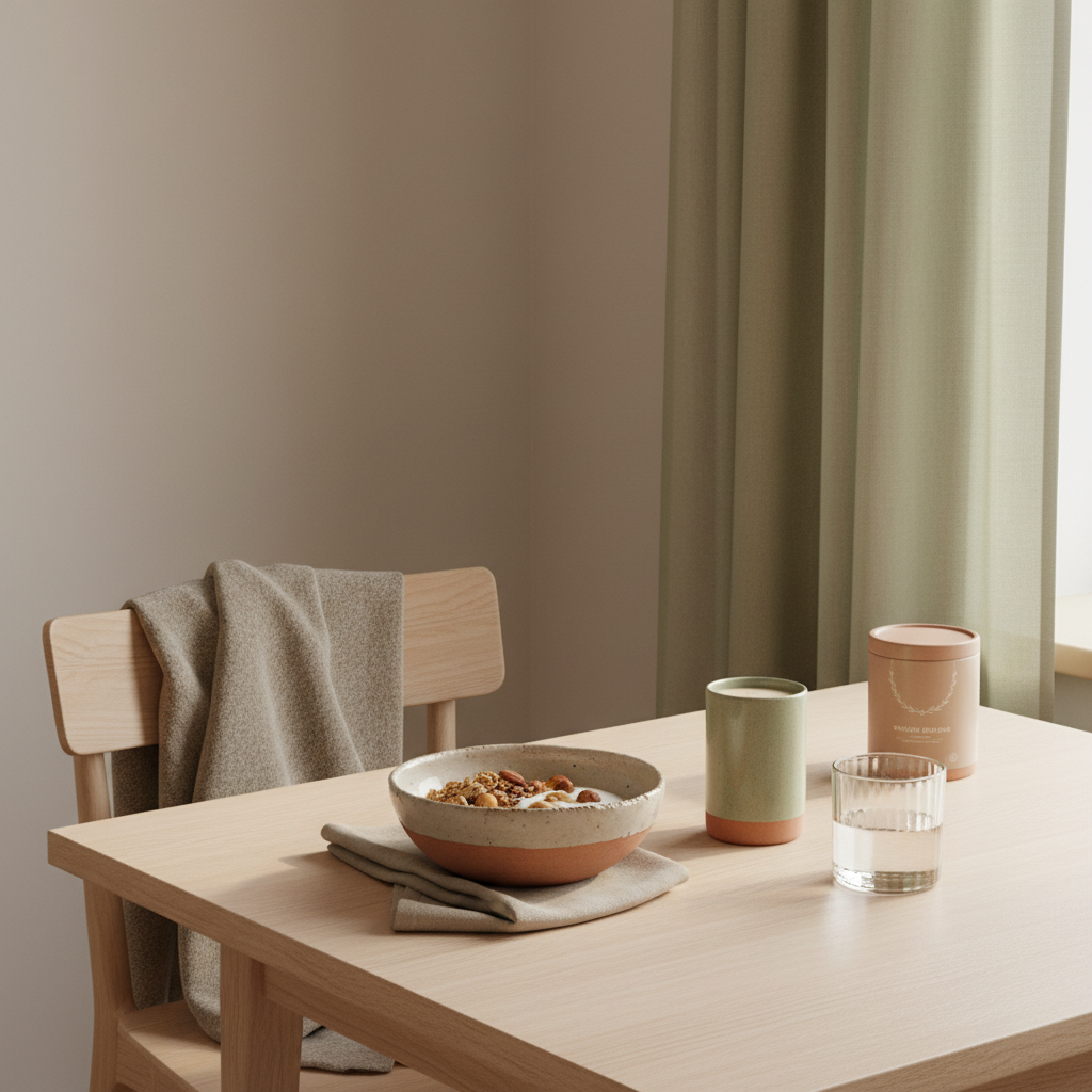 Ruhiges veganes Frühstück mit Granola, pflanzlichem Joghurt, Nüssen und Shake auf nachhaltigem Tisch in europäischer Küche, nährende Morgenstimmung, Vitamin D