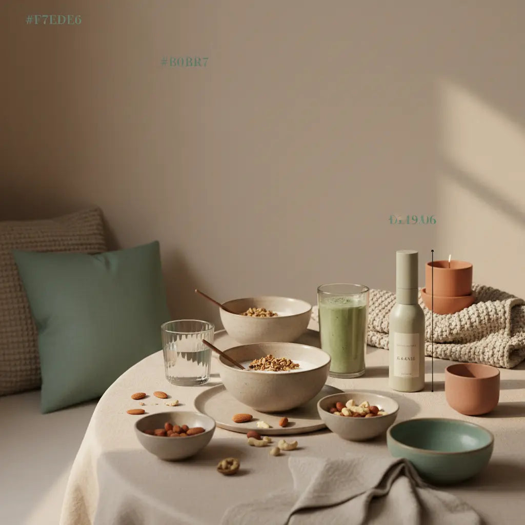 Vitamin D im Winter: Natürliches, veganes Frühstück mit Granola, Joghurt, Nüssen und Shake auf nachhaltigem Tisch in einer europäischen Küche mit sanftem Morgenlicht.