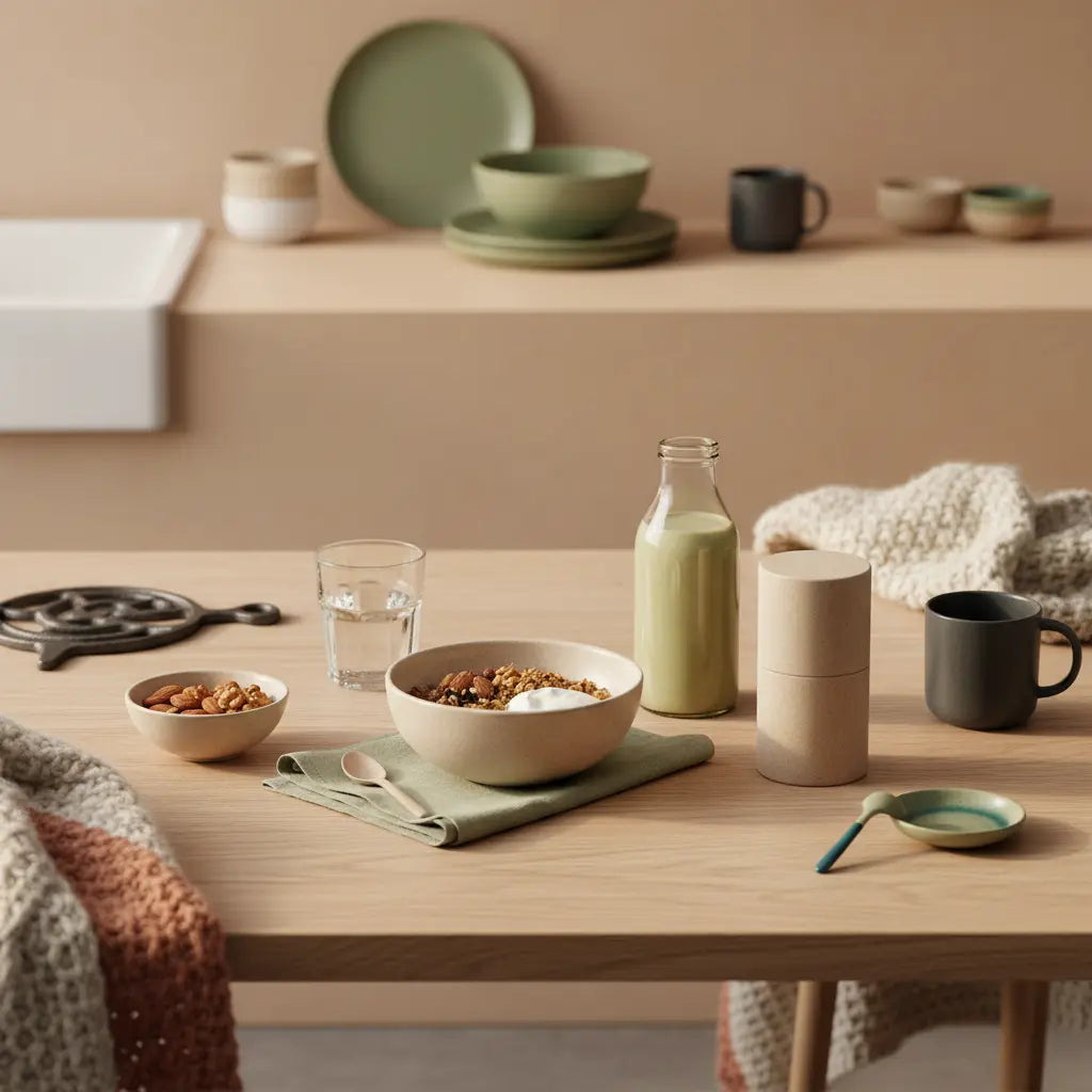 Minimalistisches Frühstück in europäischer Küche mit Granola, Pflanzenjoghurt, Nüssen und Shake, winterliche Woll- und Leinenakzente, Hintergrund #F7EDE6 — Vitamin schützt vor Krebs