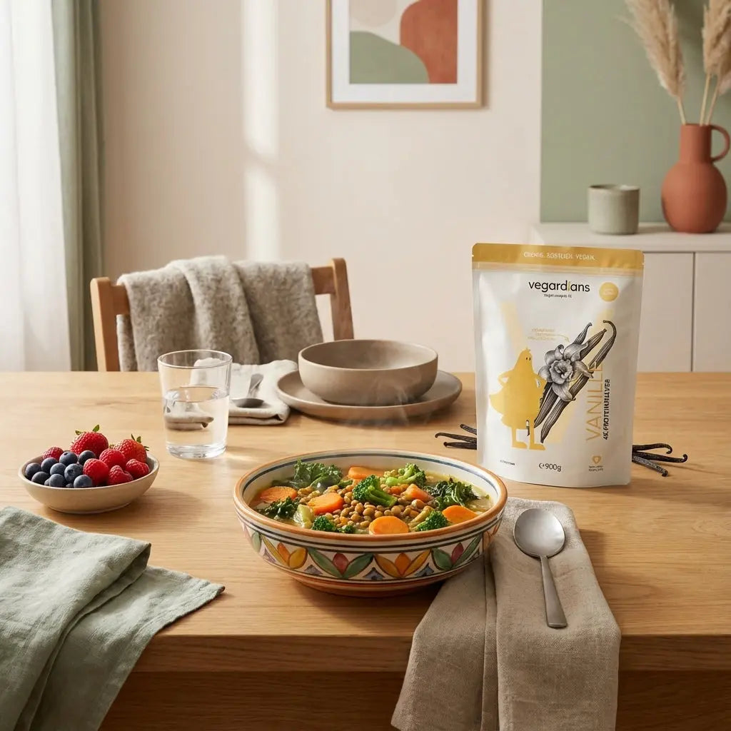 Volumetrics-Diät: Minimalistische europäische Küchenszene mit vollgepackter Gemüsesuppe, Glas Wasser und Schälchen Beeren im sanften Morgenlicht, volle Bildfüllung.