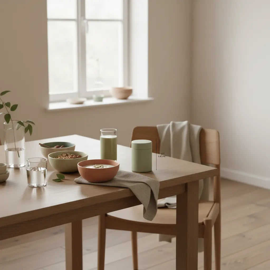 Vorsätze: Minimalistisches Frühstück in europäischer Küche bei Morgenlicht, Granola mit pflanzlichem Joghurt, Nüsse und Shake, keramisches Geschirr, wollige Textur, volle Bildfläche.