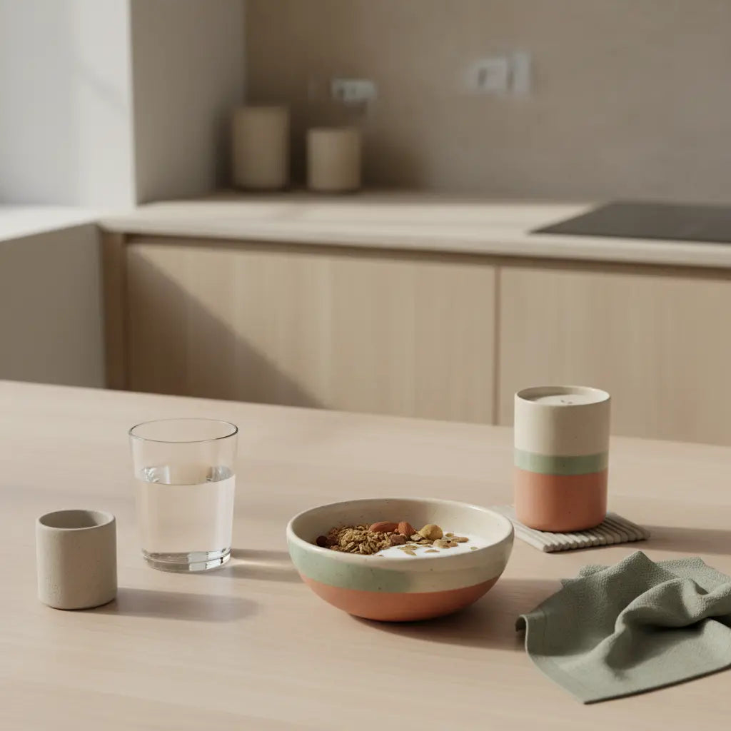 Veganes Frühstück mit Granola, Joghurt, Nüssen und Shake in heller europäischer Küche, nachhaltiges Tisch-Set mit Woll- und Leinen-Texturen, das Produkt aus den Referenzfotos — wann plätzchen essen