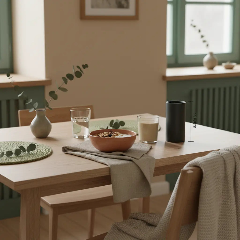 Minimalistisches Frühstück mit Granola, pflanzlichem Joghurt, Nüssen und Shake auf nachhaltigem Tisch in heller europäischer Küche mit Wintertexturen – wann sieht man erfolge beim abnehmen