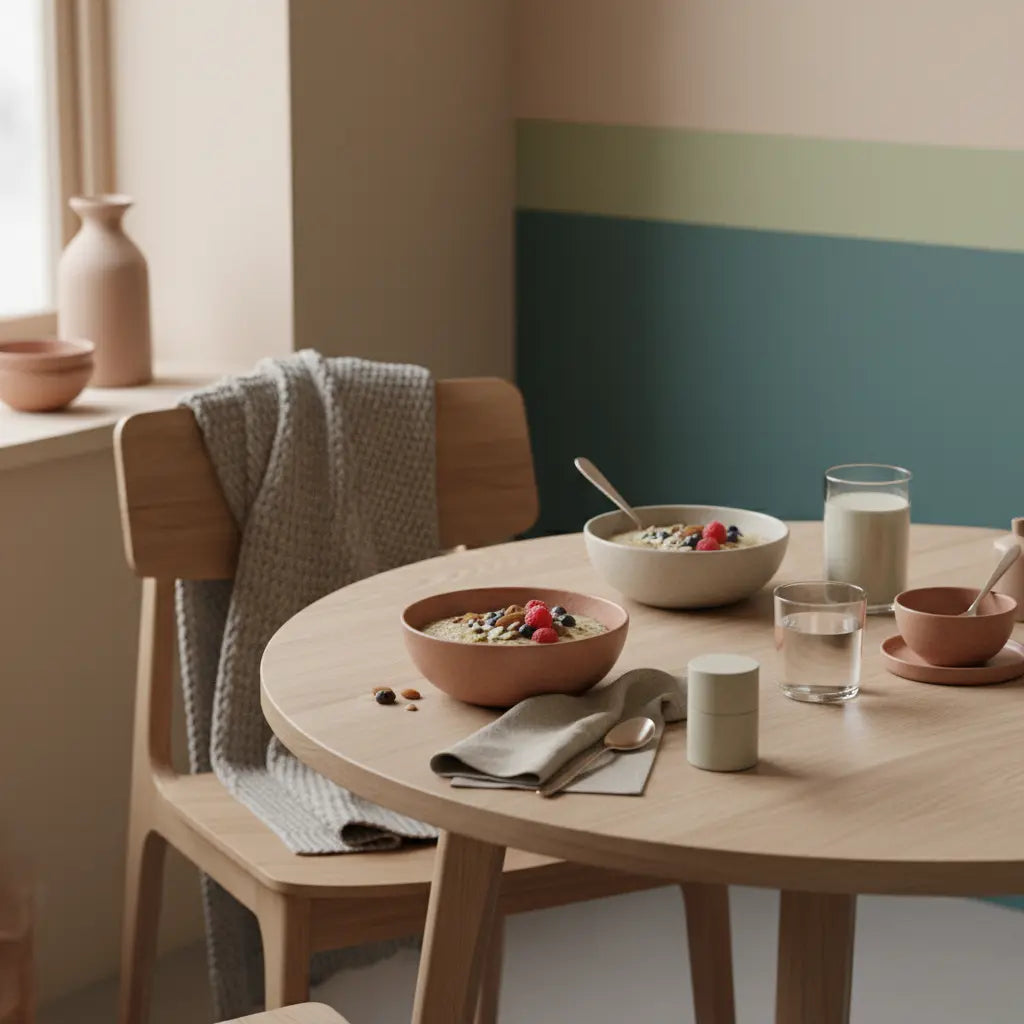 Minimalistisches Frühstück mit warmem Porridge, Nüssen, Früchten und Shake auf nachhaltigem Tisch mit Wolltexturen – warmes Essen im Winter.