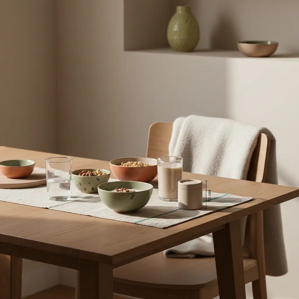 Warum ist man im Winter so oft krank? Minimalistisches Morgenfrühstück in einer europäischen Küche: Granola, Joghurt mit Nüssen, Shake und Wasserglas auf nachhaltigem Tisch mit Wolle- und Leinentexturen, Vegardians-Farben.