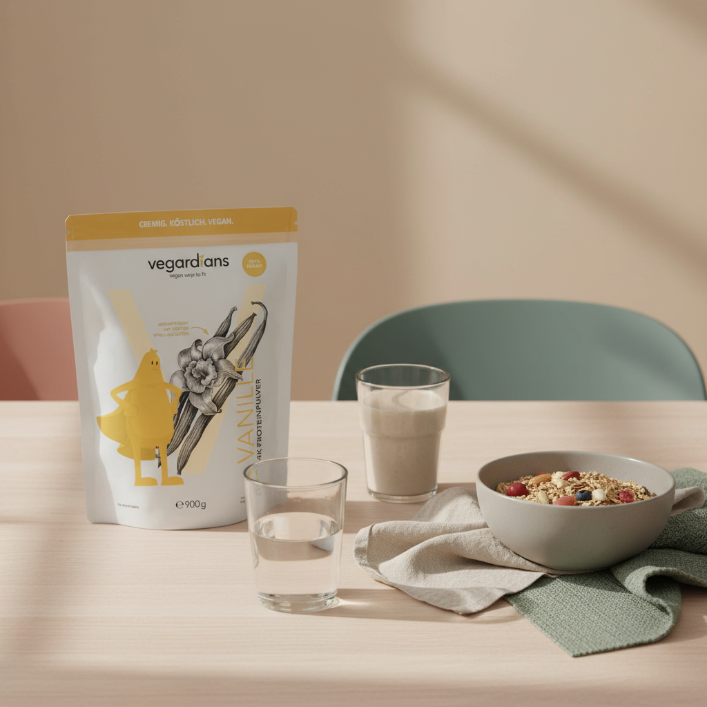 Warum nehme ich zu, aber nicht ab? – Minimalistische Morgen-Szene: nachhaltiger Holztisch mit Glas Wasser, Schale pflanzliches Müsli und veganem Shake in beige-salbei-terrakotta Stimmung, Full Frame.