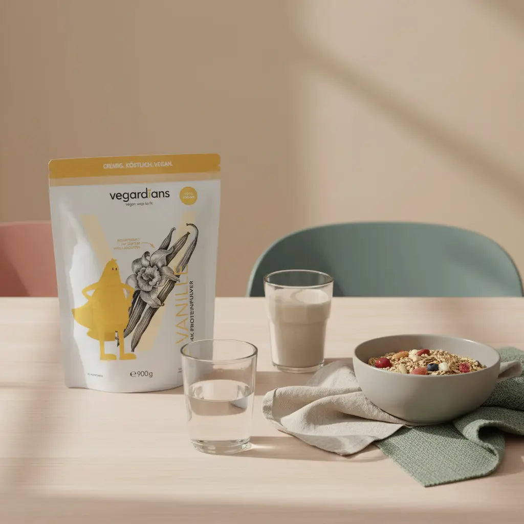 Warum nehme ich zu, aber nicht ab? – Minimalistische Morgen-Szene: nachhaltiger Holztisch mit Glas Wasser, Schale pflanzliches Müsli und veganem Shake in beige-salbei-terrakotta Stimmung, Full Frame.