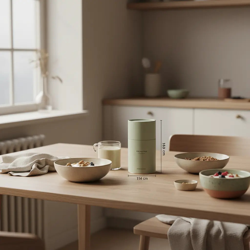 was bedeutet pflanzliche kost: ruhige europäische Morgenszene mit veganem Frühstück (Granola, Pflanzenjoghurt, Nüsse, Shake) in minimalistischer, nachhaltiger Küche