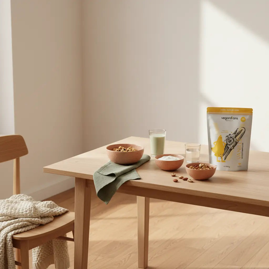 Was darf ich bei 16 zu 8 essen? Veganes Frühstück mit Müsli, Joghurt, Nüssen, Protein‑Shake in Glasflasche und Wasserglas auf nachhaltigem Holztisch im sanften Morgenlicht.