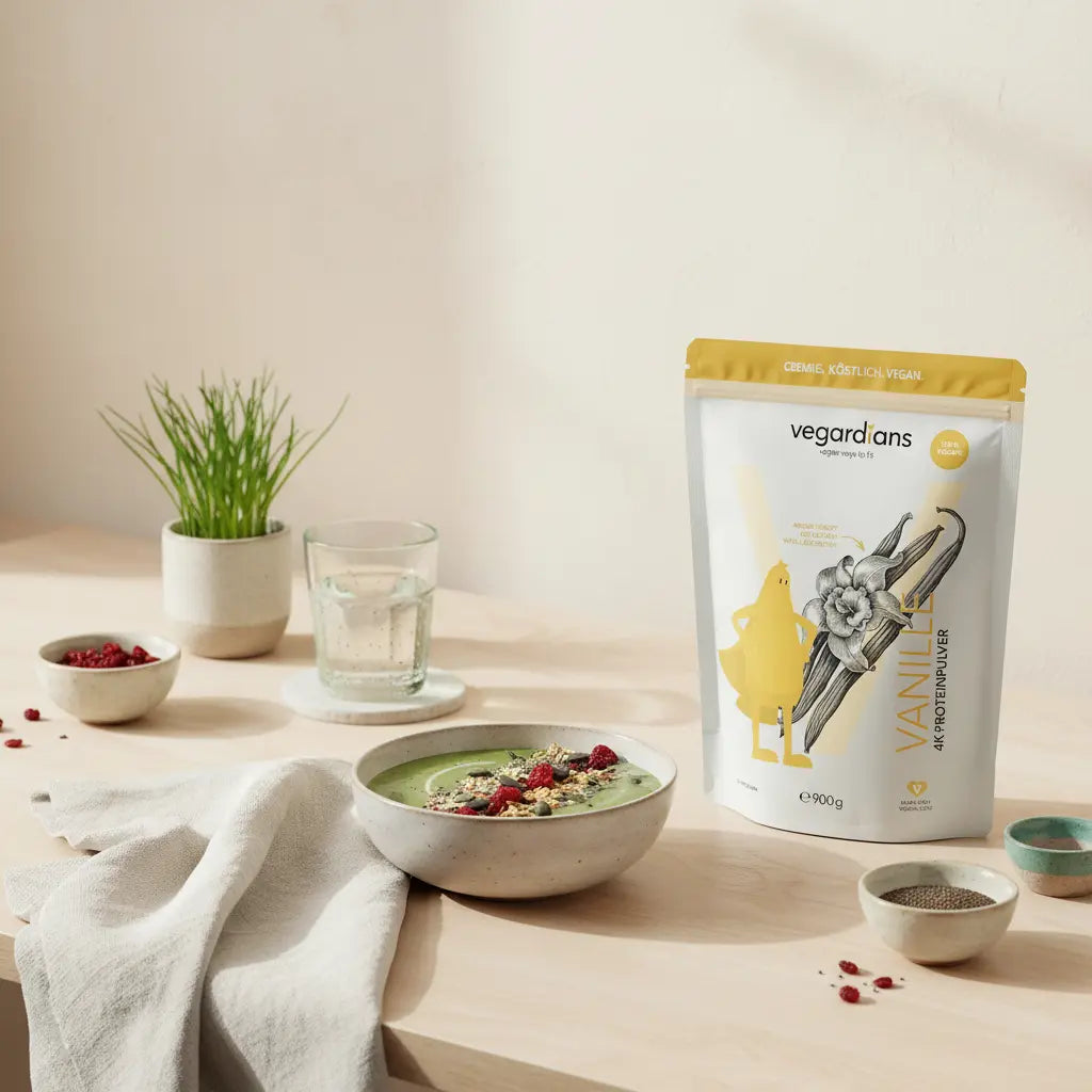 Was darf ich bei einer Basenkur essen? Minimalistische europäische Küchenszene mit basischer Porridge‑Schale, Glas Wasser und Kräutertopf auf nachhaltigem Holztisch.