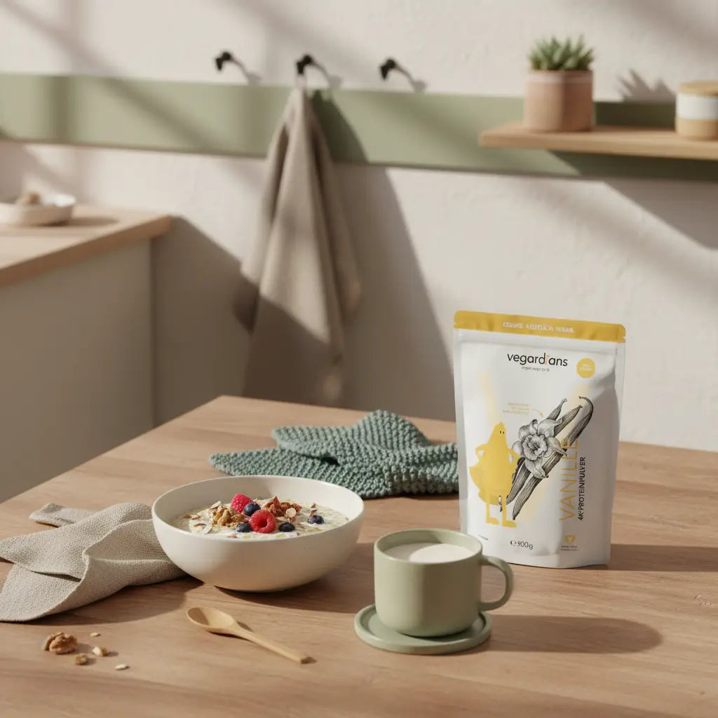 Basisches Frühstück mit Haferporridge, Beeren, Nüssen und neutralem Shake auf nachhaltigem Holztisch in europäischer Küche – was darf man bei basischer ernährung essen