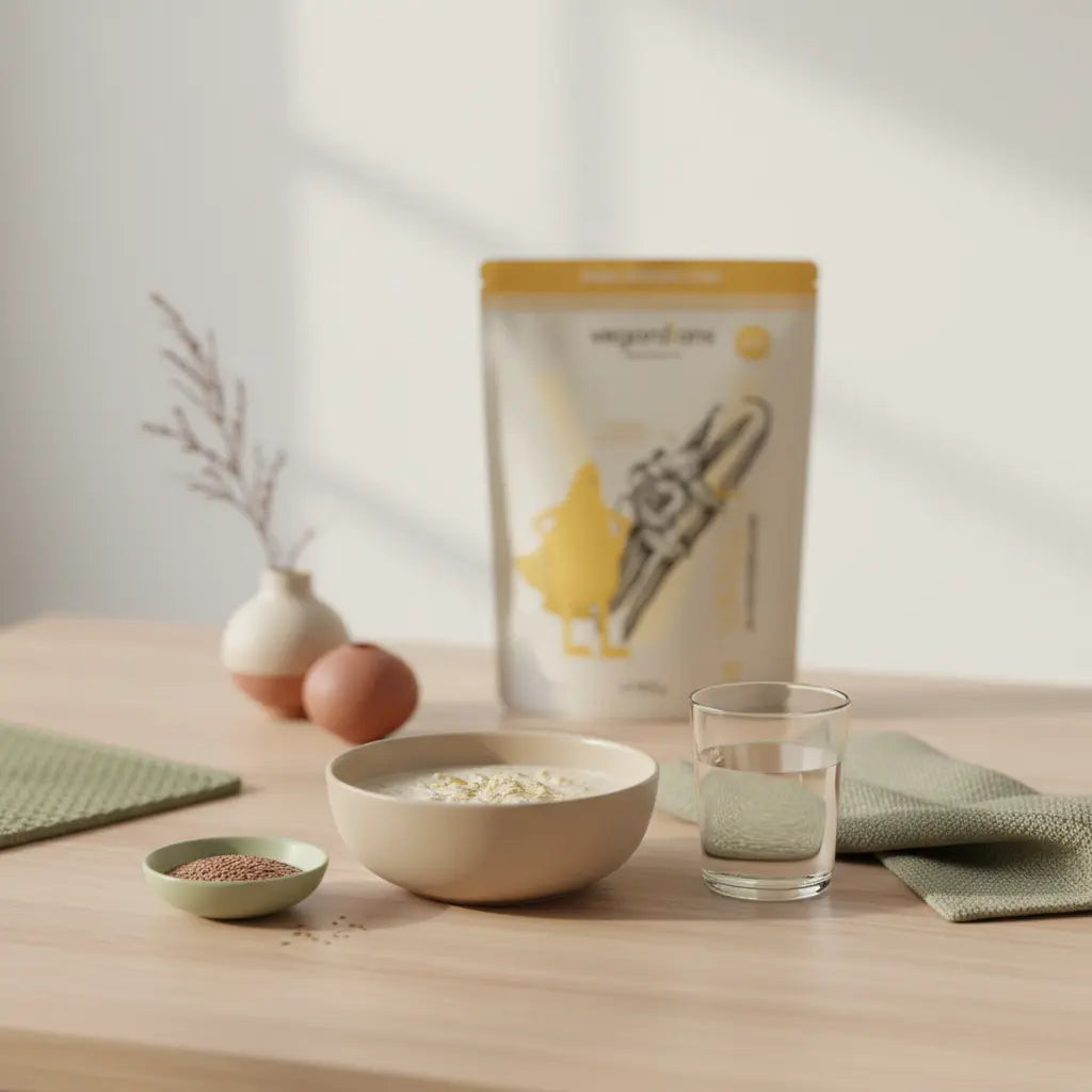 Was darf man bei Low-Fat nicht essen? Vegane fettarme Frühstücksplatte mit Haferbrei, gemahlenem Leinsamen, Glas Wasser und Vegardians Algenöl-Supplement-Flasche dezent im Hintergrund