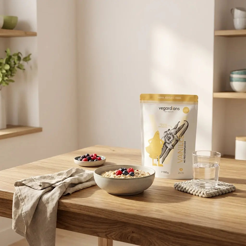 Was darf man bei strenger Diät essen: Minimalistisches Frühstück mit Haferflocken, Beeren, Wasser und Proteinshake auf nachhaltigem Holztisch in warmem Morgenlicht.