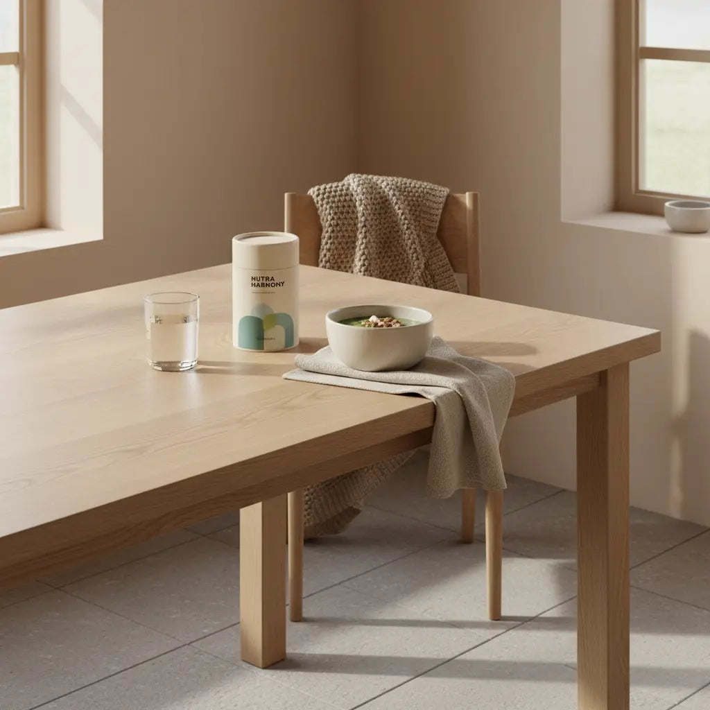 Minimalistische Küchenaufnahme mit veganer Mahlzeit (Müsli, Joghurt, Nüsse, Shake) und Produktglas auf nachhaltigem Tisch – was darf nicht in den smoothie