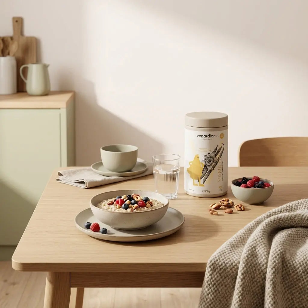 Veganer Frühstückstisch mit Porridge, Beeren, Nüssen und einem Referenzprodukt auf einem Holztisch in einer europäischen Küche. Was essen bei Bodybuilding-Diät?