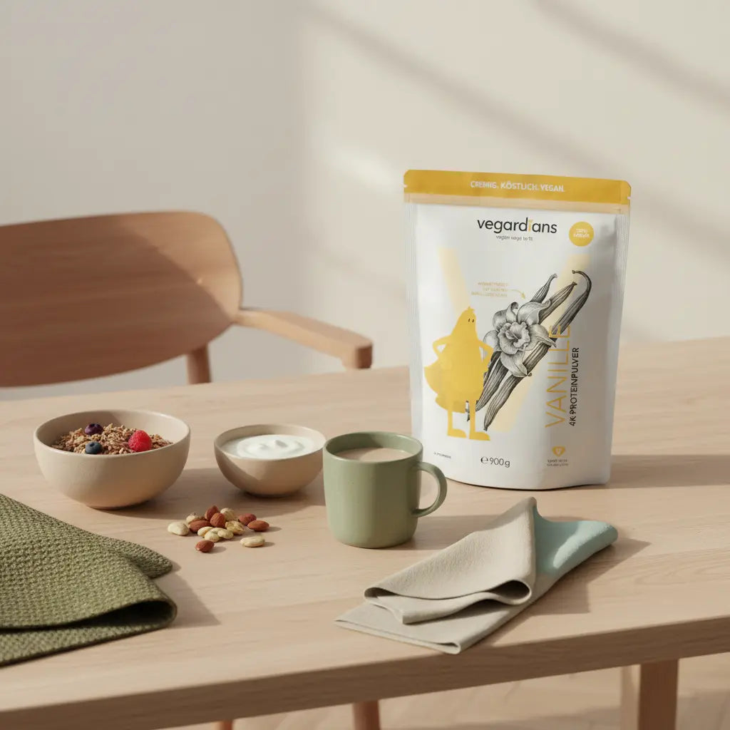 Minimalistische Morgen-Szene mit veganem Müsli, pflanzlichem Joghurt, Nüssen und Proteinshake auf nachhaltigem Holztisch in ruhiger Farbpalette – Was essen bei extremer Diät?