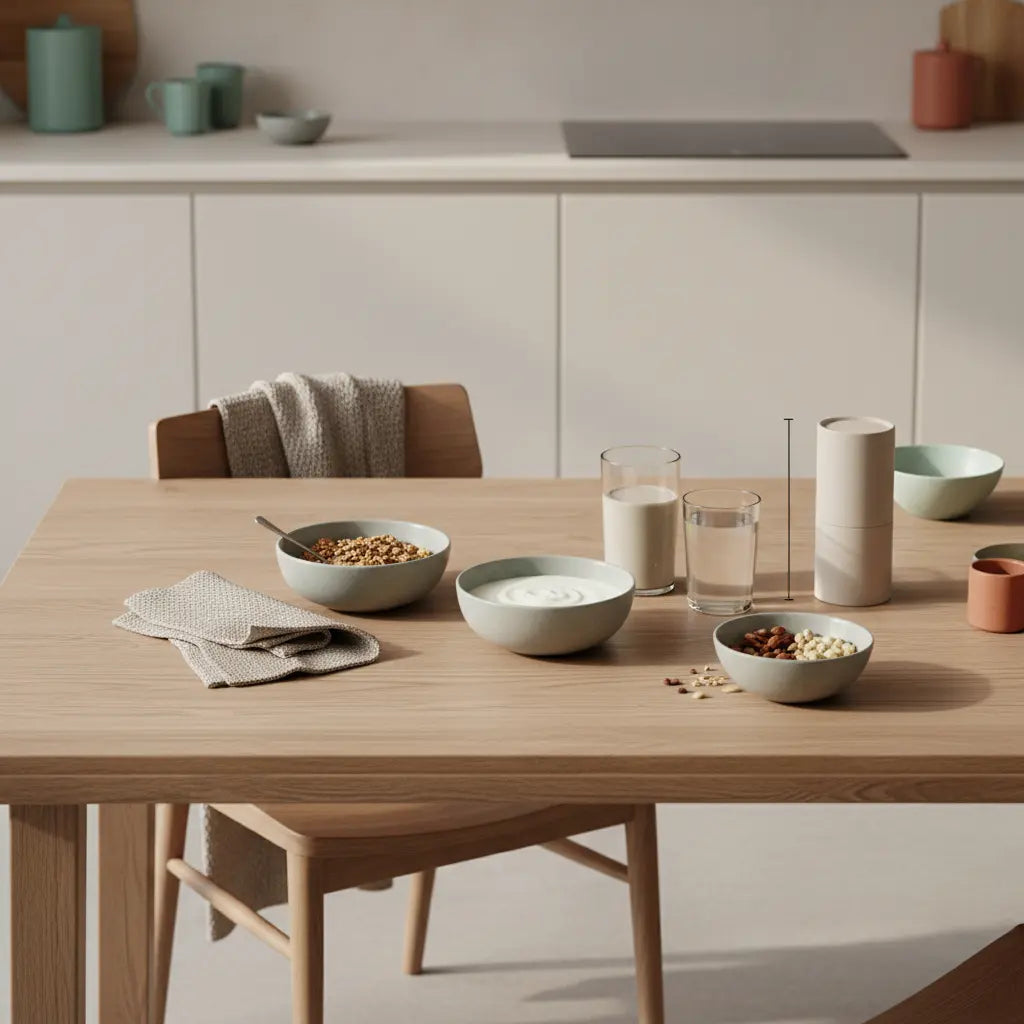 Minimalistischer veganer Frühstückstisch mit Granola, pflanzlichem Joghurt, Nüssen und Shake in einer europäischen Küche im Morgenlicht – Was essen bei flacher Bauch?