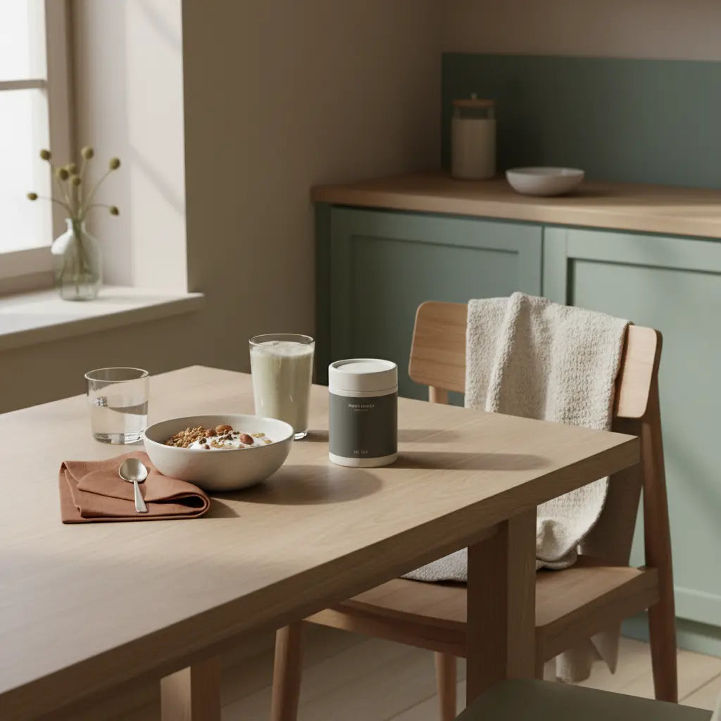 Veganes Frühstück mit Granola, Joghurt, Nüssen und Shake in heller europäischer Küche — Was essen bei Winterdepression? Ruhige, nährende Morgenstimmung.