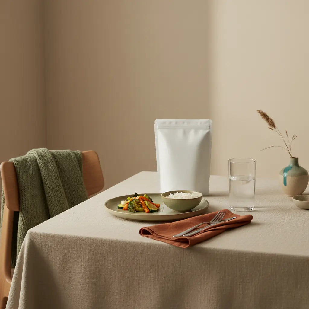 Was essen für einen flachen Bauch am Abend? Minimalistische Abendaufnahme mit Teller gedünstetem Gemüse, kleiner Portion Reis und Glas stillem Wasser auf hellem, salbeigrün akzentuiertem Tisch.