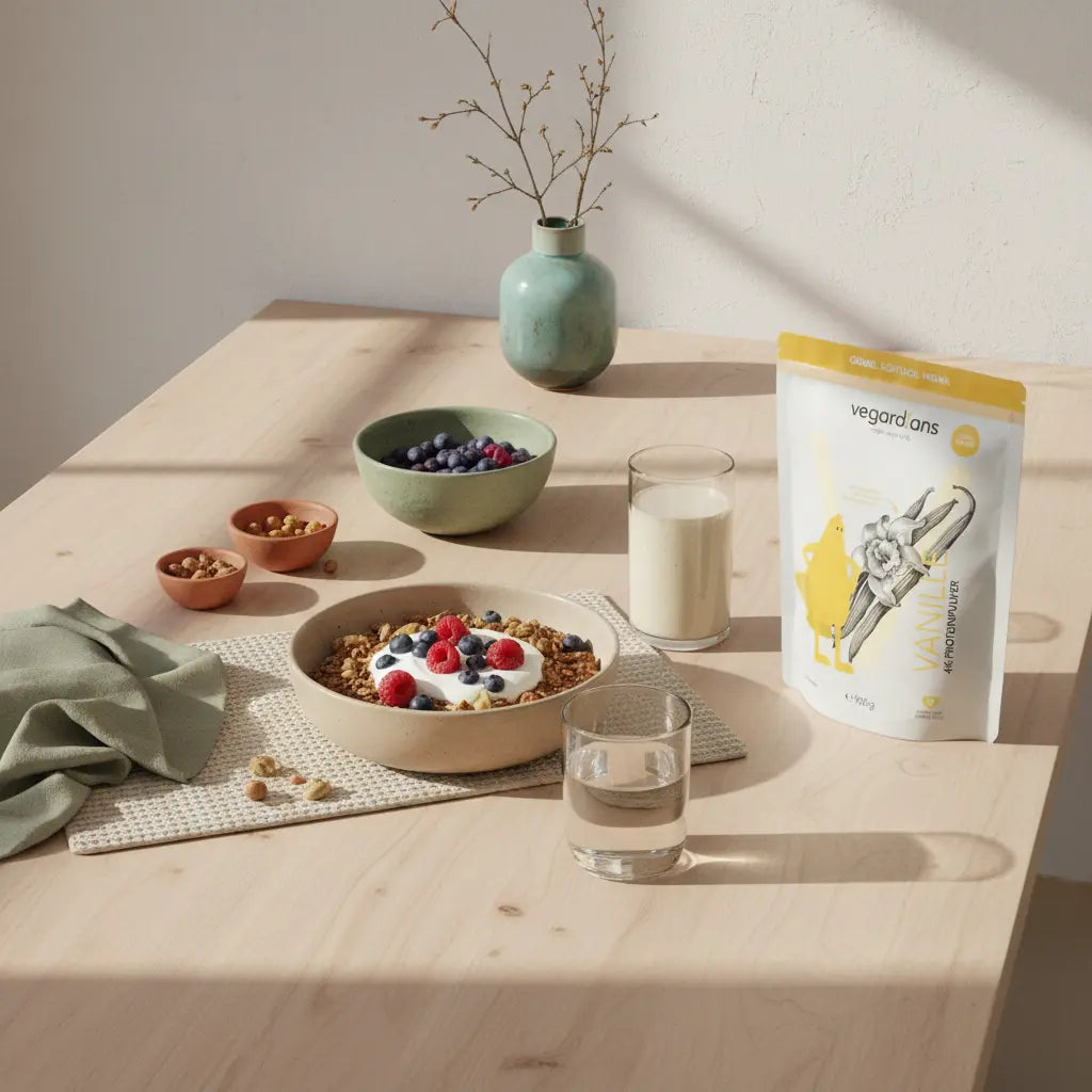 Minimalistische Frühstücksszene mit Müsli, Joghurt, Nüssen, Beeren und Proteinshake auf nachhaltigem Holztisch – Was essen, um im Alter abzunehmen?
