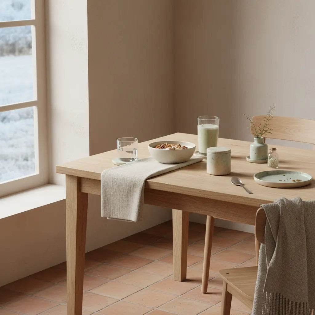 Minimalistische Frühstücksszene mit Granola, Joghurt, Nüssen und Shake in einer europäischen Küche — Was essen Veganer zum Muskelaufbau? Nachhaltiges Set vor #F7EDE6 Hintergrund.