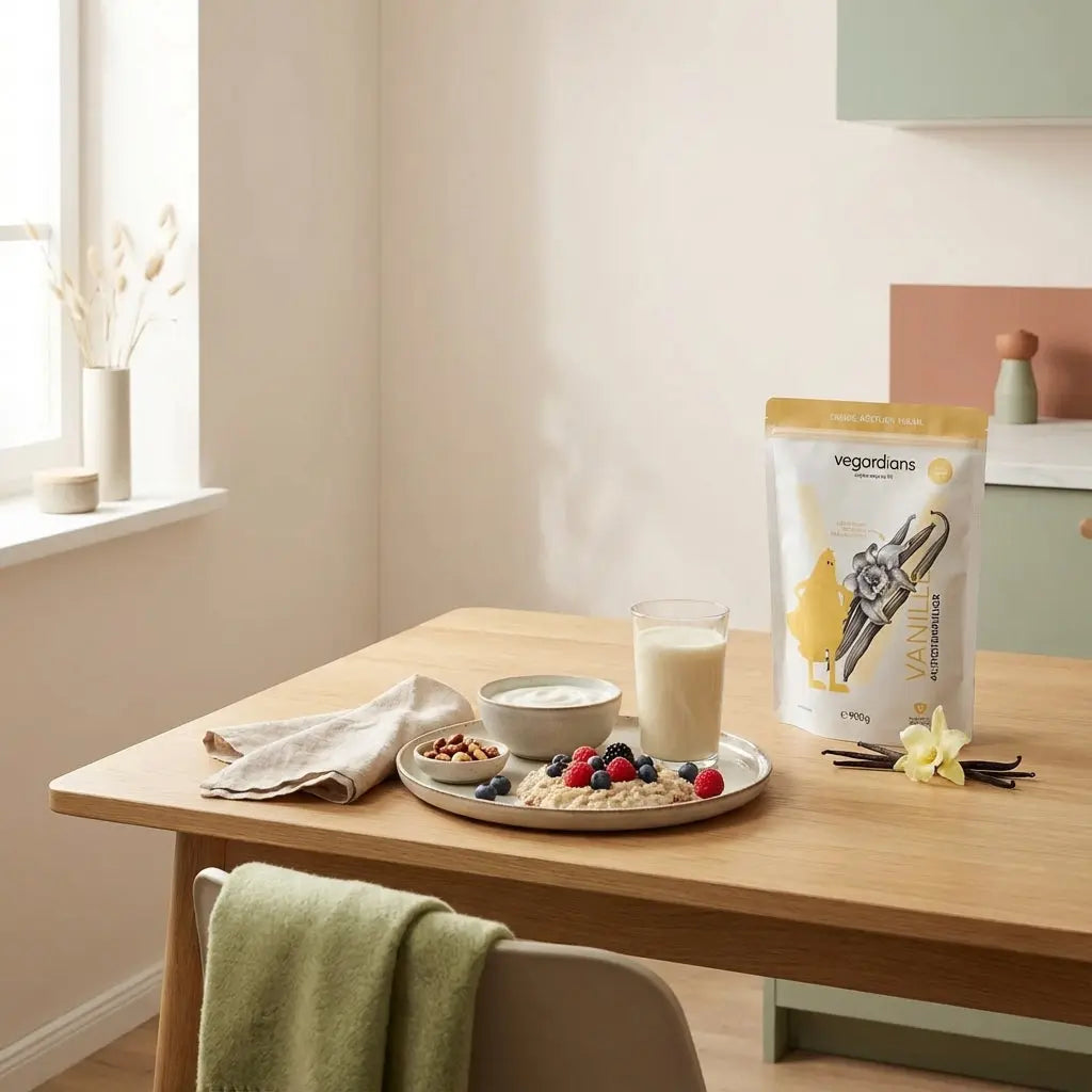 Vegan proteinreiches Frühstück auf nachhaltigem Holztisch im sanften Morgenlicht mit Shake, Müsli, Nüssen und Beeren. Was Essen zum Abnehmen mit Sport?