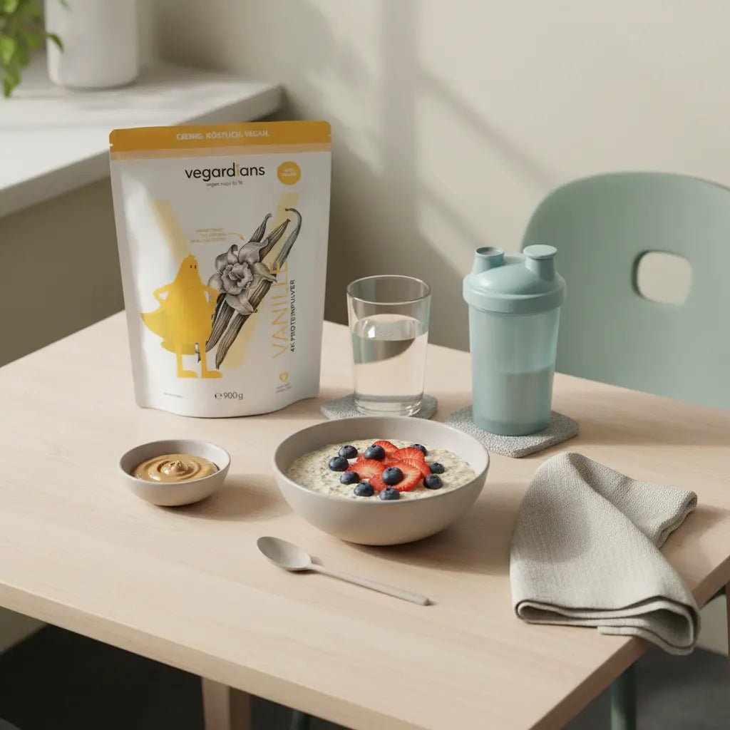 Morgendliche Küchenaufnahme mit Haferbrei, Beeren, Protein‑Shake, Glas Wasser und Vegardians‑Produkt auf Holztisch. Was gehört alles zum Cardio-Training?