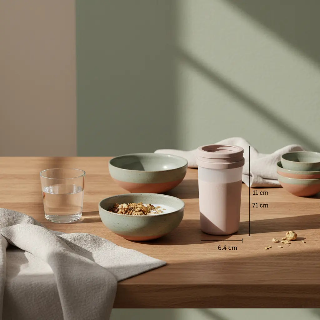 Minimalistische Frühstücksszene mit Granola, Joghurt, Nüssen und Shake auf nachhaltigem Holztisch im Morgenlicht — Was hat viel Eiweiß und macht satt?