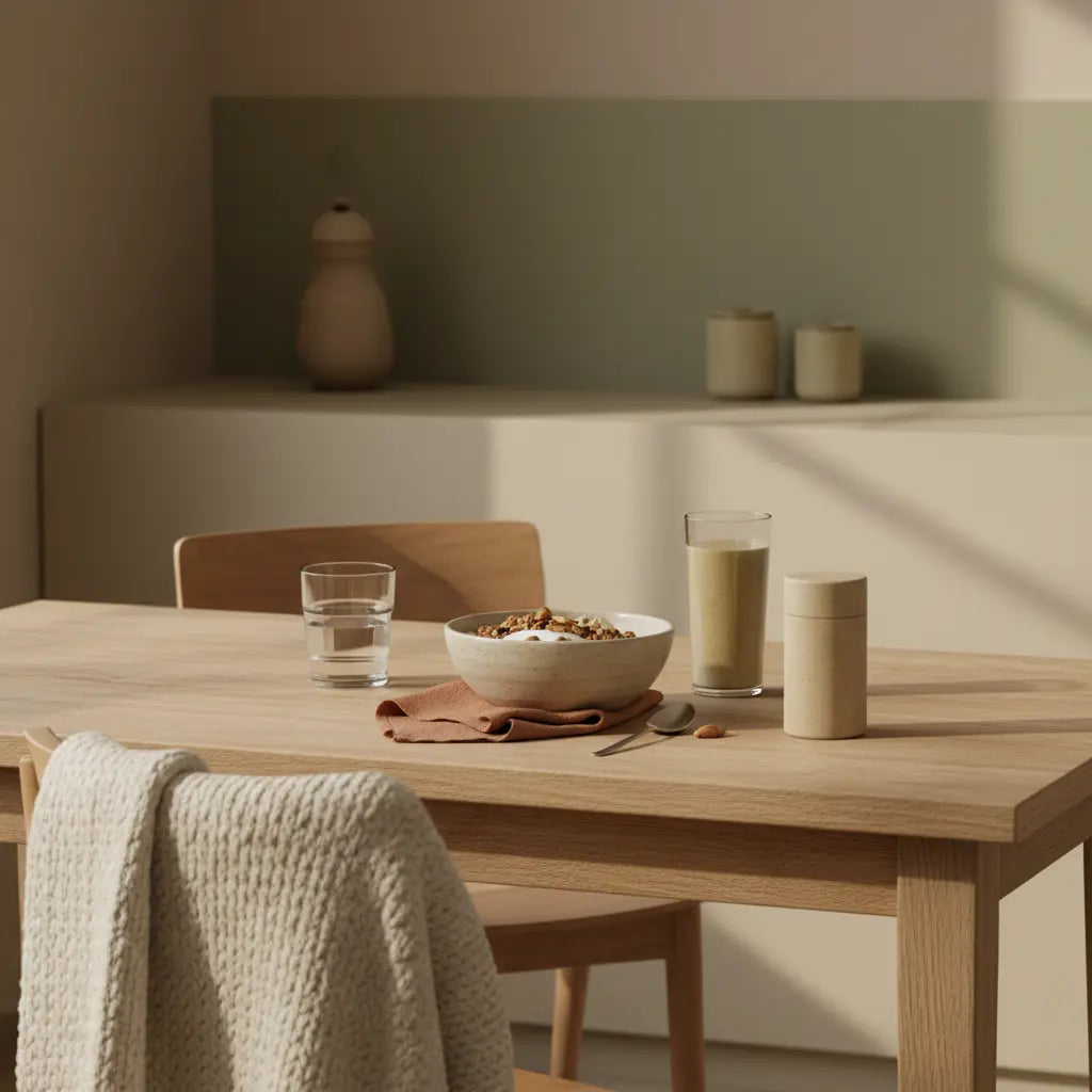 Minimalistisches Frühstück in europäischer Küche mit Granola, Joghurt, Nüssen und Shake auf nachhaltigem Tisch in warmen Erdtönen — was hilft bei fehlender motivation